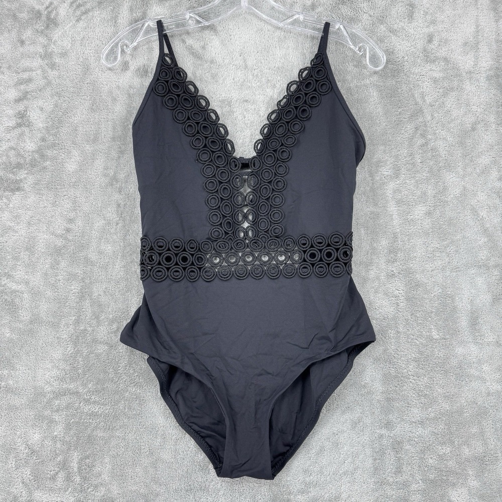 Becca Swimsiut Womens Large One Piece Sheer Lace Trim Beach Resort Feminine Tie